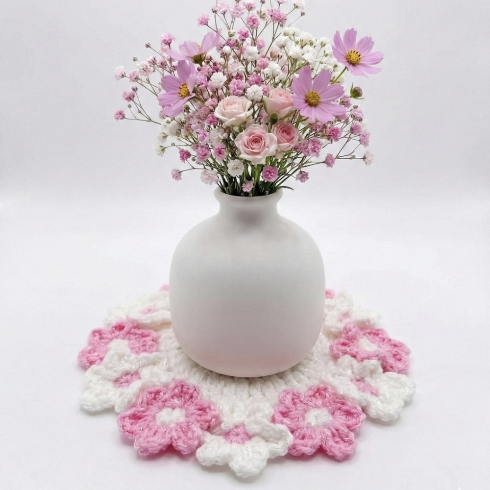 Handmade Pink and White Crochet Coaster - Picture 2 of 3